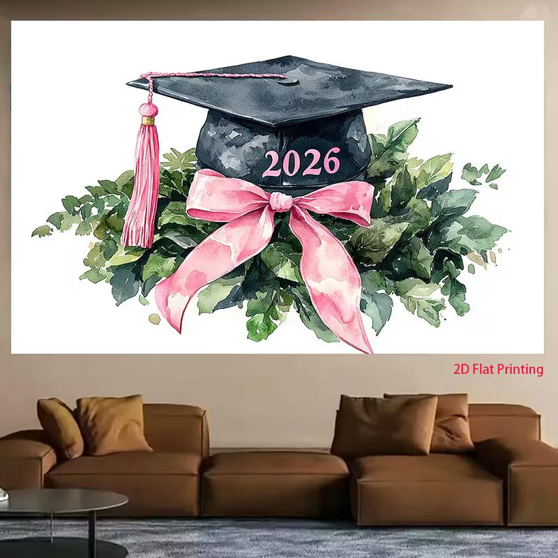2D Pink & Green Graduation Backdrop, 2026 Watercolor Cap Photo Booth Background