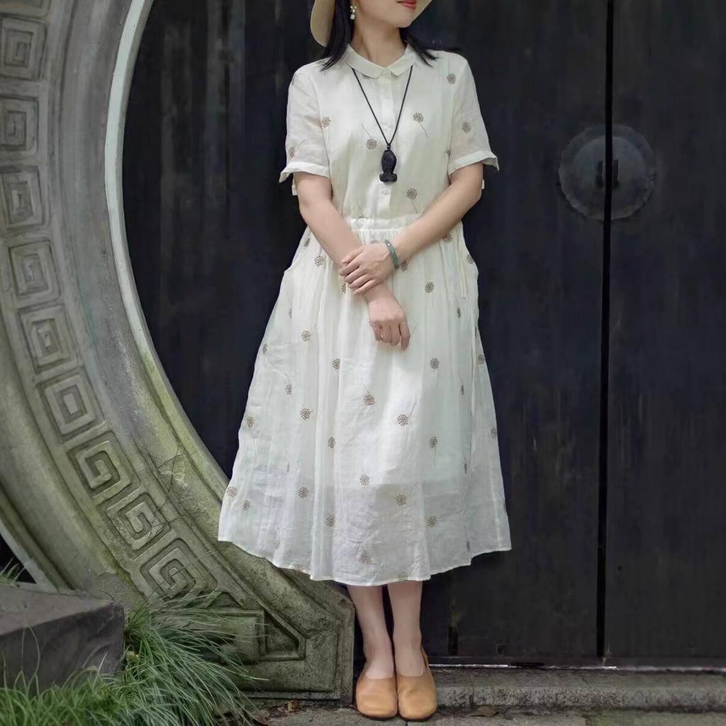 Вышитое хлопково-льняное платье-рубашка женское 2025 лето новая легкая роскошь высокий класс отложной воротник короткий рукав темперамент длинное платье