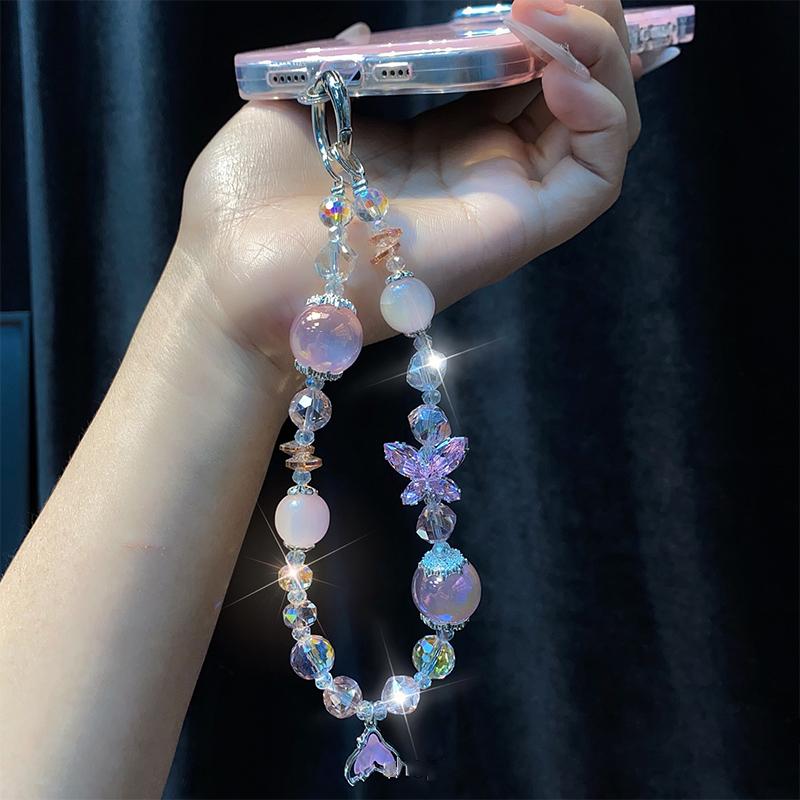 Ins Style Mermaid Pendant Beaded Phone Charm Y2K Butterfly Phone Chain Anti Lost Wrist Lanyard Keychain Gifts