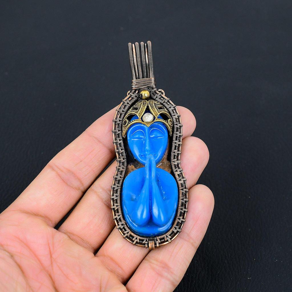 Синий молящийся женский драгоценный камень из чистой медной проволоки, завернутый в подвеску ручной работы, ювелирные изделия