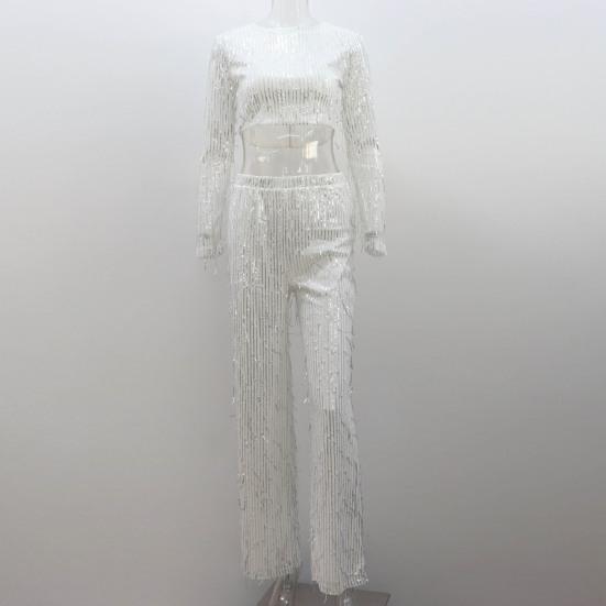 Женский праздничный комплект из 2 шт./компл., укороченный топ с круглым вырезом и длинными рукавами, с кисточками и блестками, высокая талия, широкие брюки, комплект