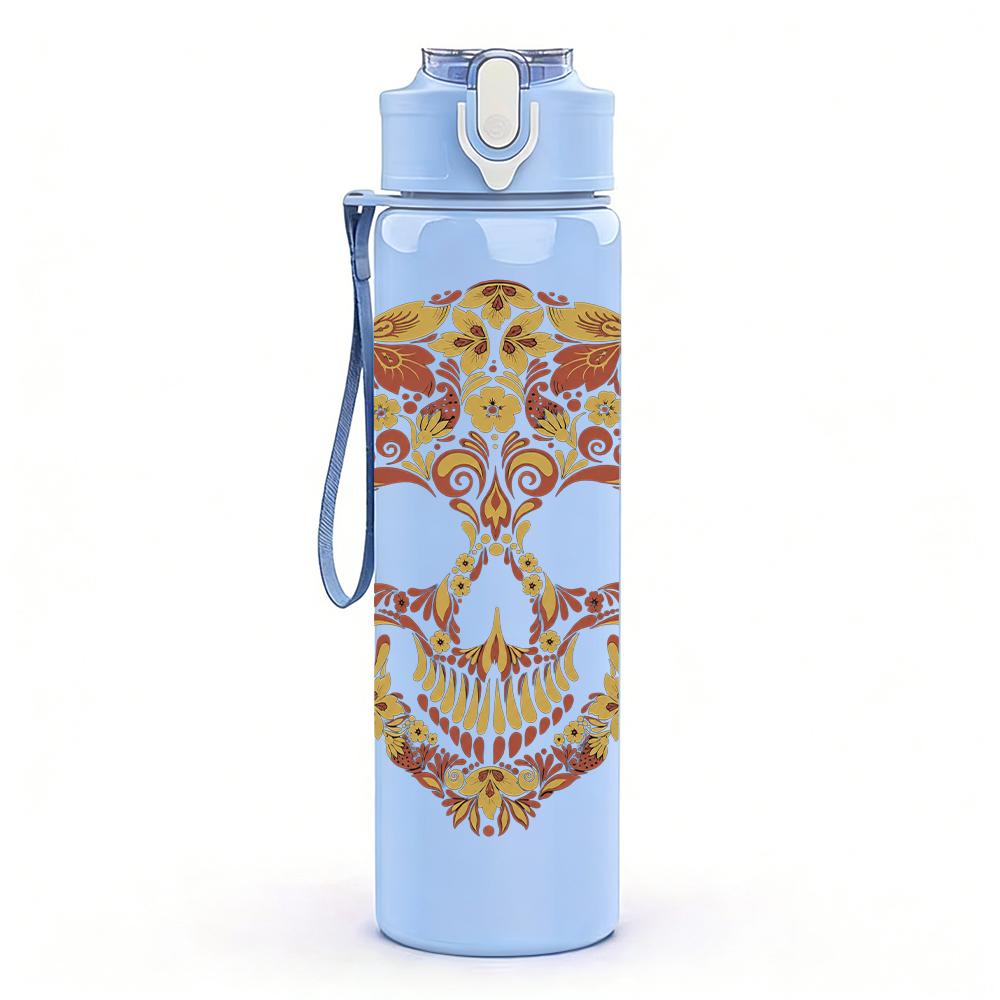 1PC Ornate Floral Skull Retro Art Print 750ml Portable Sports Water Bottle Leakproof Gym Outdoor Travel Drink Cup