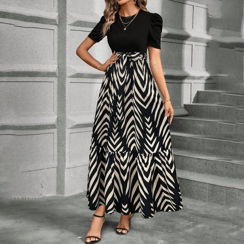 Women's Floral Print High Waist Fashionable And Elegant Dress