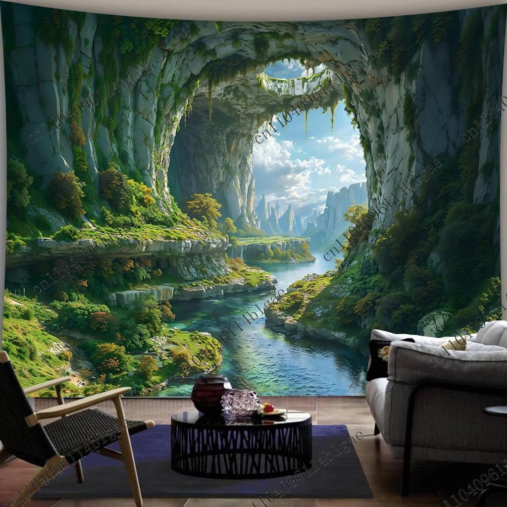 Cave Vista To Lush Valley Wall Tapestry Nature Landscape Home Decoration Headboard Aesthetic Room Decoration Background Cloth