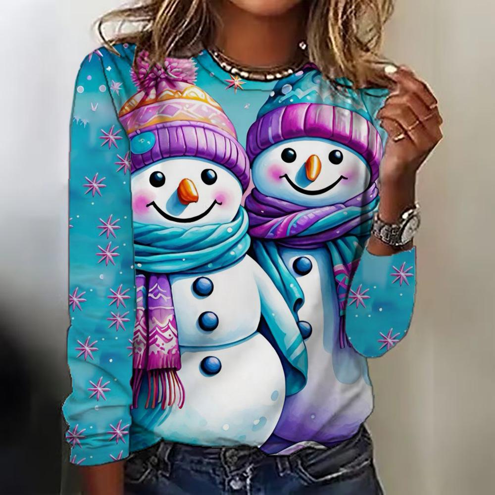 Spring and Autumn Long Sleeved Women's Top Christmas Printed Round Neck T-shirt Casual Cute Style