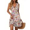 Women's Dress V-neck Sleeveless Casual Floral Print Hem Pleated Dress