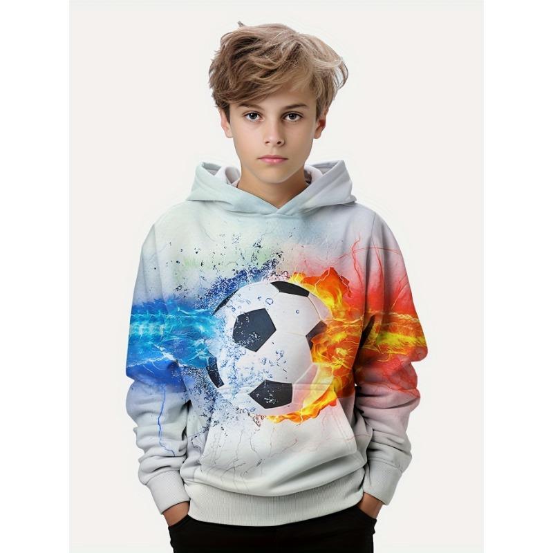 Детская мода, повседневный пуловер с капюшоном и длинными рукавами для мальчиков с 3D принтом «Футбол», весна-осень, детская толстовка с капюшоном, топы, одежда