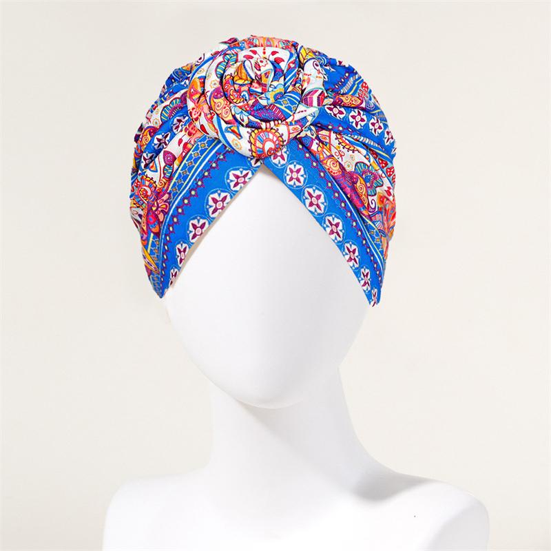New African Print Pleated Turban Floral Beanie Pre Tied Front Knot Elastic Head Wrap Elegant Women Chemo Cap Bandana Headwear