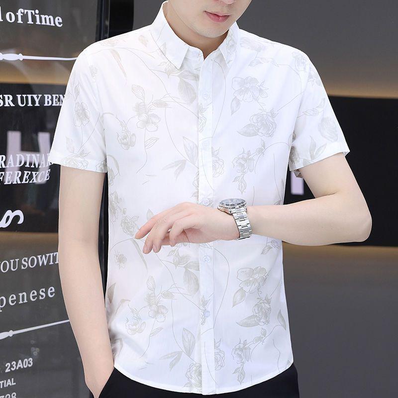 Printed Short-sleeved Shirt Men's Summer Trend Handsome Ice Silk Shirt Casual Handsome Summer Fashion Men's Inch Clothes