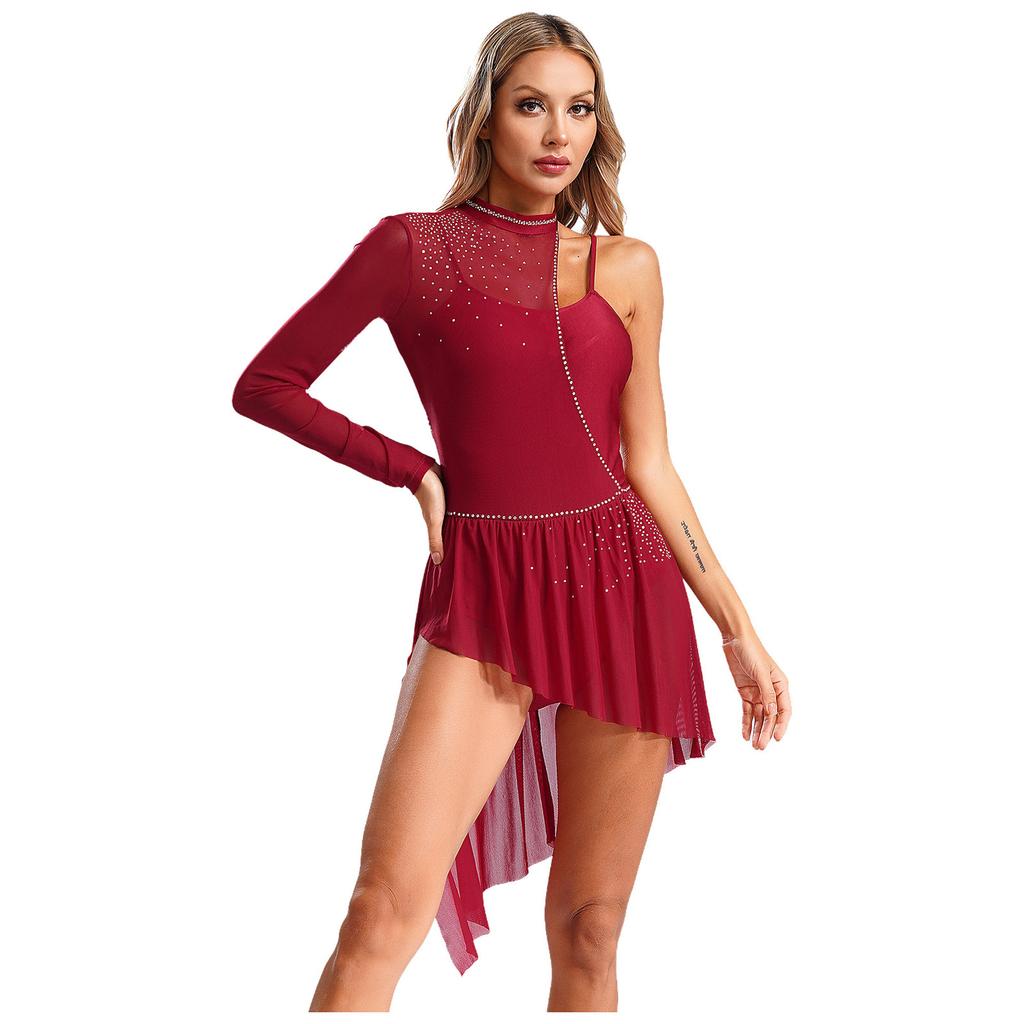 Womens Asymmetrical Lyrical Dancewear Long Sleeve Spaghetti Straps Patchwork Irregular Hem Dresses