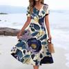 Women's Summer Casual Fashion Print Pocket Short Sleeve V-Neck Swing Dress