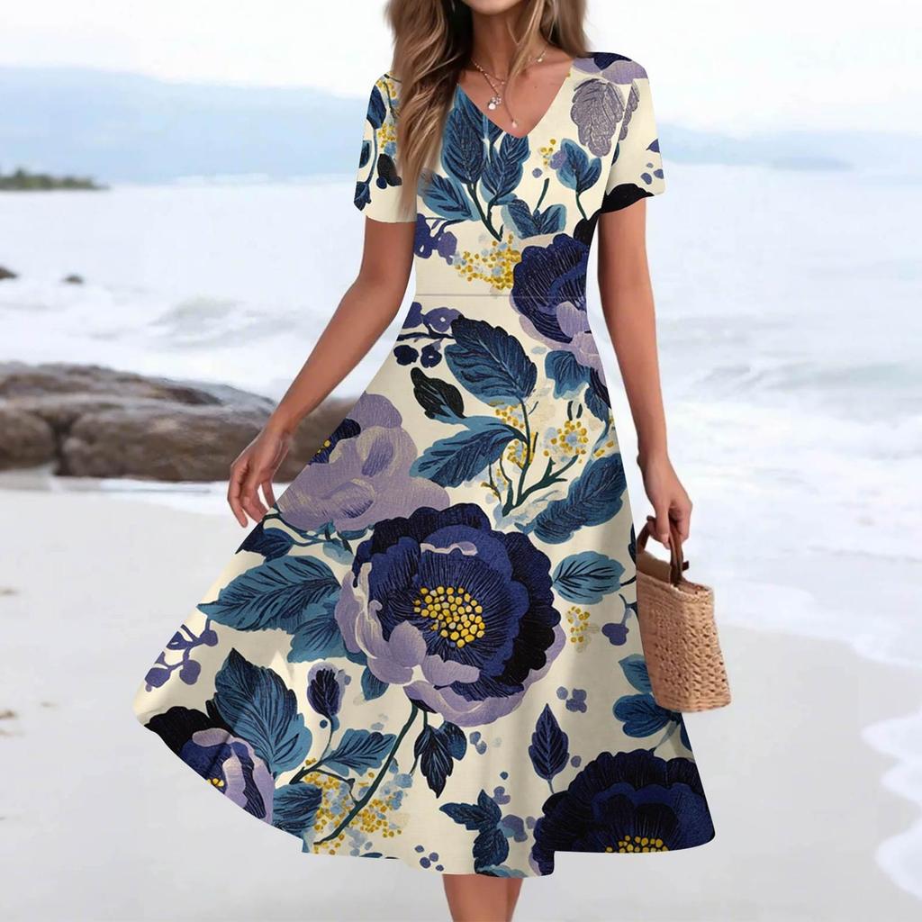 Women's Summer Casual Fashion Print Pocket Short Sleeve V-Neck Swing Dress