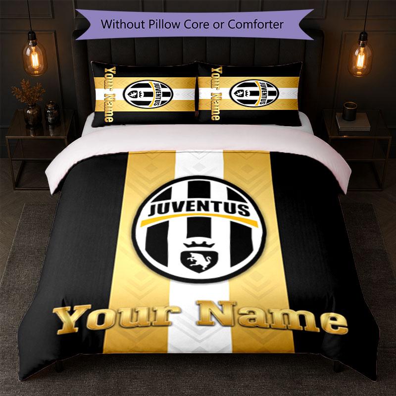 Juventus FC Custom Name Text Bedding Set 1 Duvet Cover+2 Pillowcases Soccer Logo Personalized Gift For Special Occasion Bedroom Decor