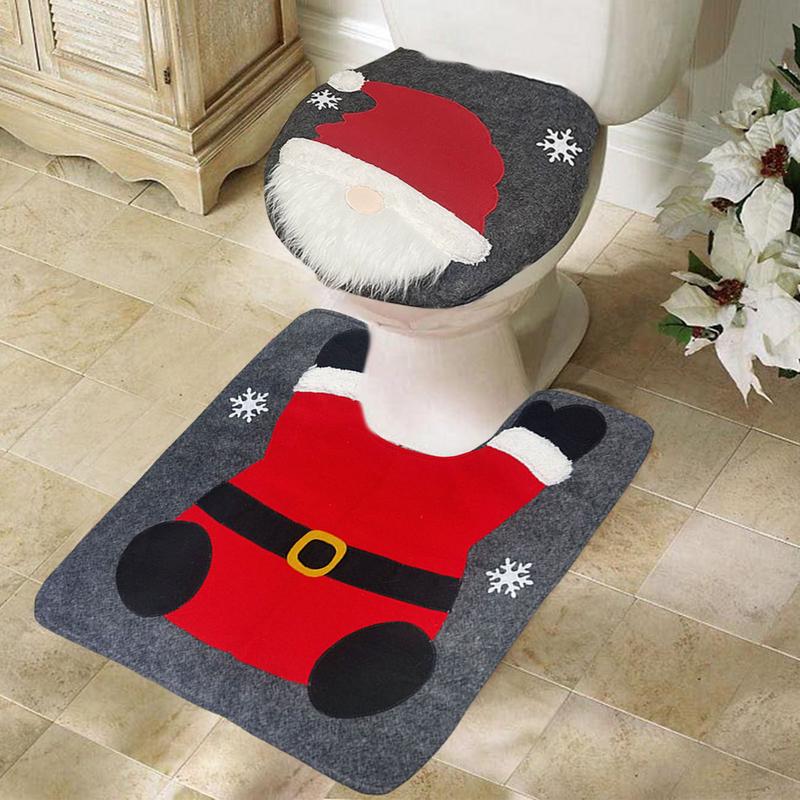 2pcs Christmas Bathroom Mats Sets Santa Toilet U-Shape Mat Toilet Lid Cover Pad Perfect for Christmas Decoration