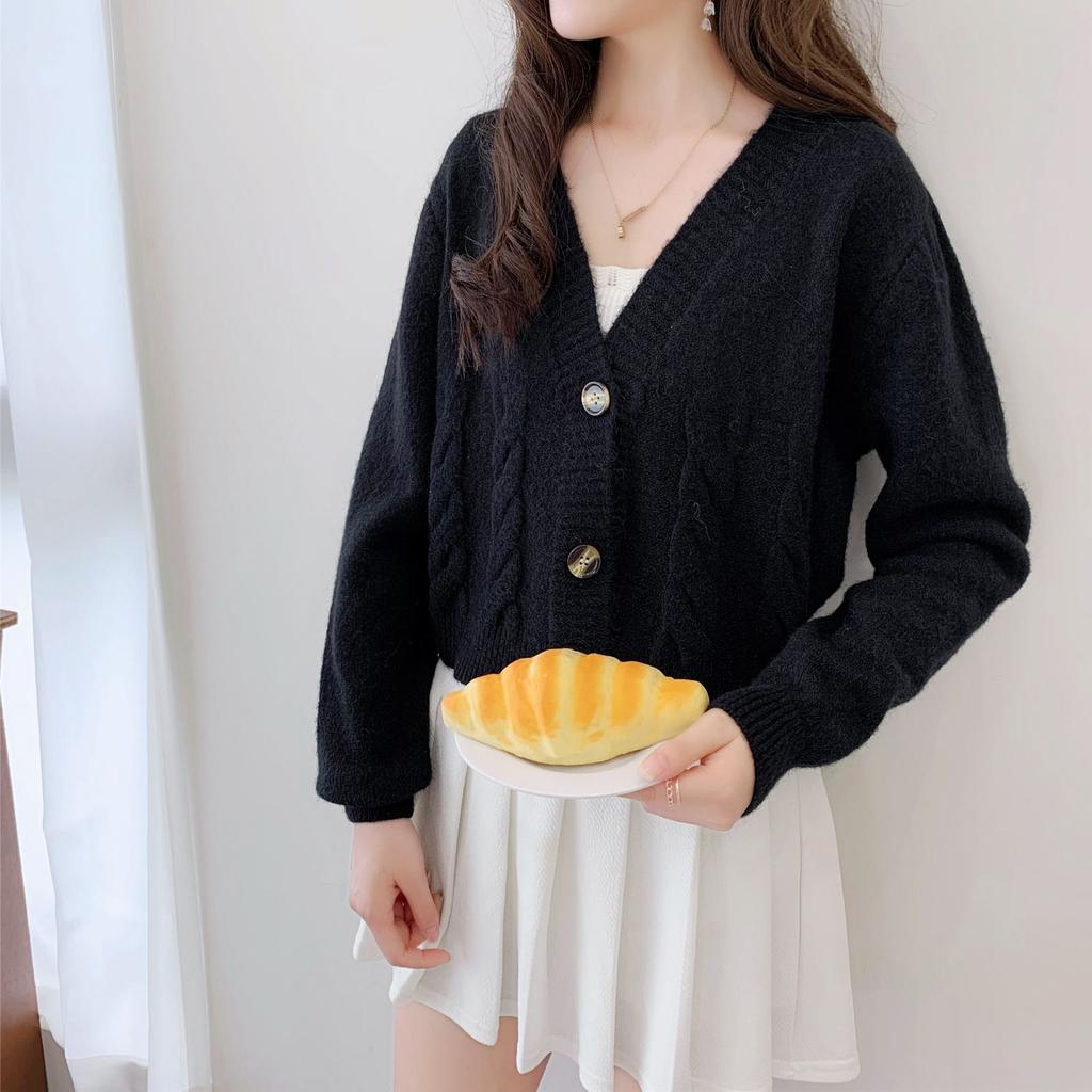 V Neck Cropped Cardigan Women Long Sleeve Twist Knitted Sweater Coats Autumn Winter Keep Warm Korean Fashion Jacket Cardigan