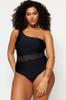 Women's New Season Plus Size Swimsuit Black One-Shoulder Stripe Detailed Slimming Effect Swimsuit