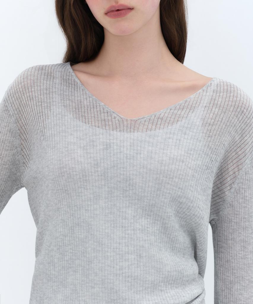 MUSINSA STANDARD WOMAN Women'S Linen Blend Ribbed V-Neck Sheer Knit [Melange Light Grey]
