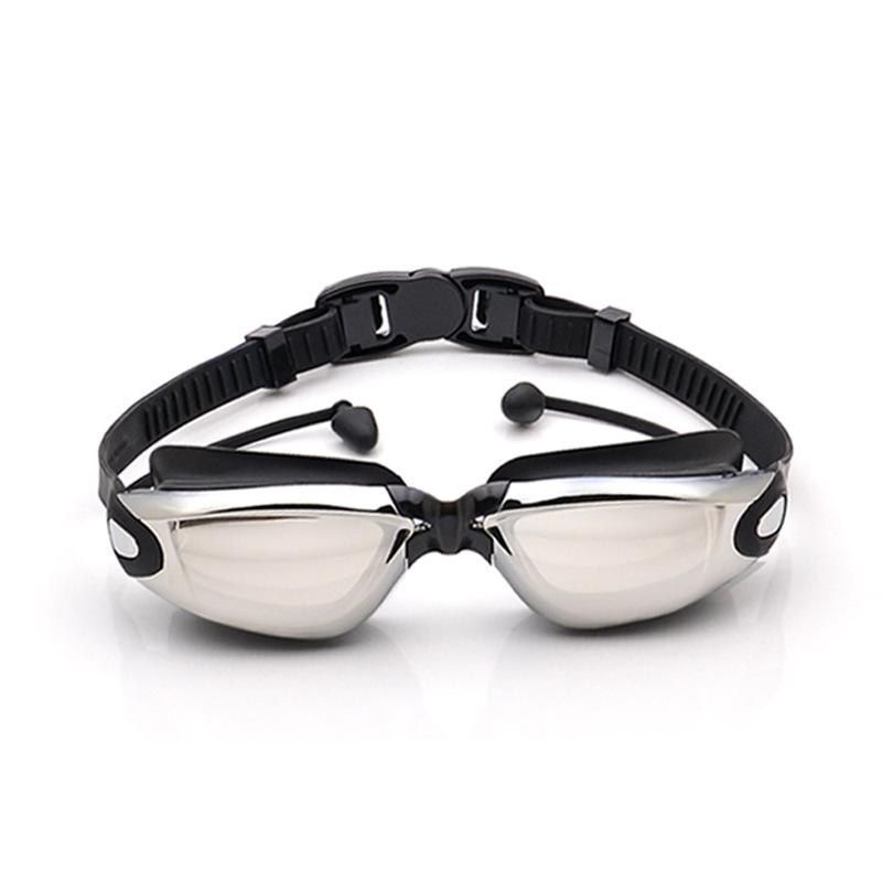 Adult wide-view swimming goggles, high-definition, waterproof, anti-fog, electroplated silicone swim goggles with integrated earplugs
