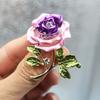 Rose Flower Brooch Green Leaves Rhinestone Oil-dripping Vintage Sparkling Gift Elegant Women Business Suit Lapel Pin Fashion Jewelry