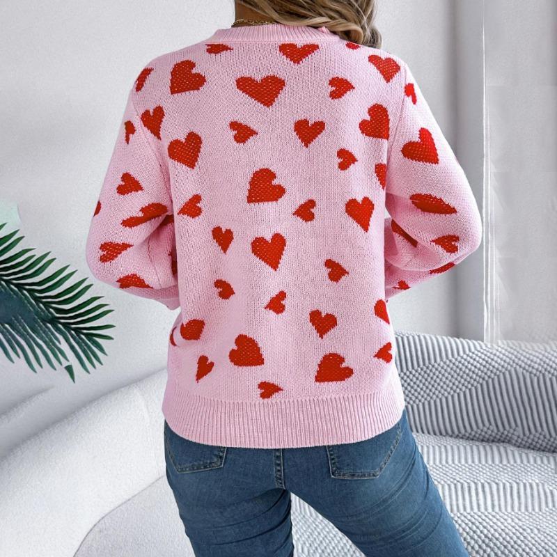 Women's Autumn and Winter Casual Round Neck Long Sleeve Knitted Sweater Clashing Color Love Lantern Sleeves