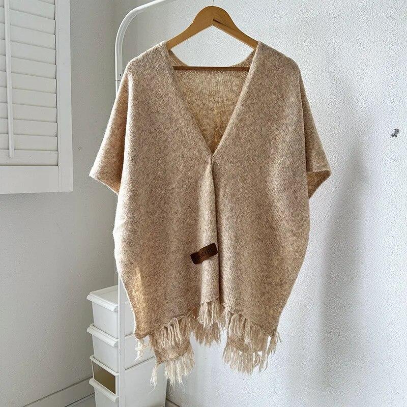 Japanese Korean Tassel Big Pendulum Cardigan Cape Autumn Loose Poncho Women Faux Cashmere Cloak Out Streetwear
