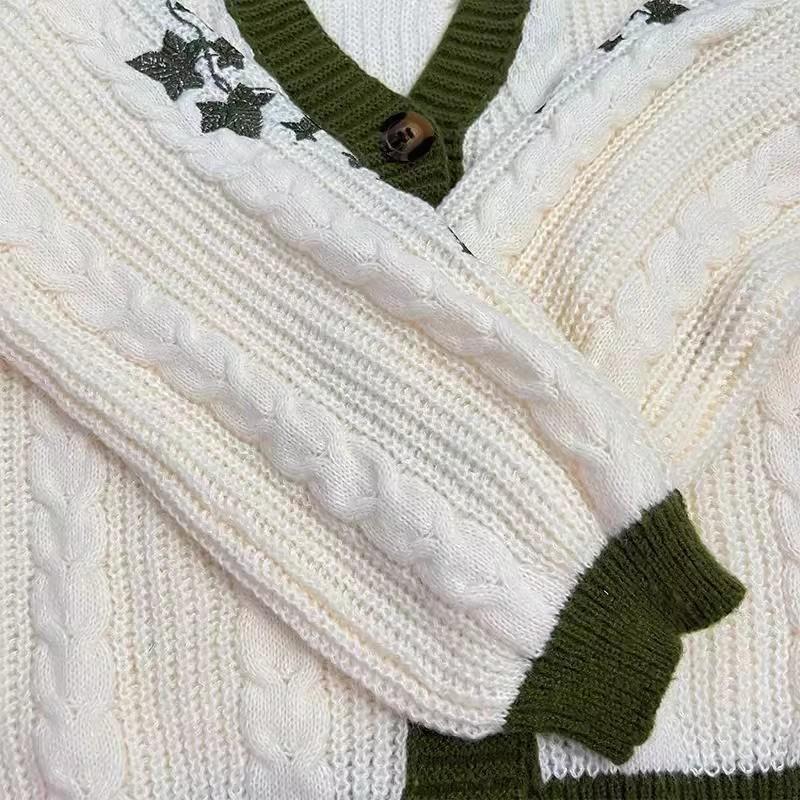 Autumn and Winter Women's Leaf Embroidery Lantern Sleeve Sweater Loose Casual Knit Cardigan