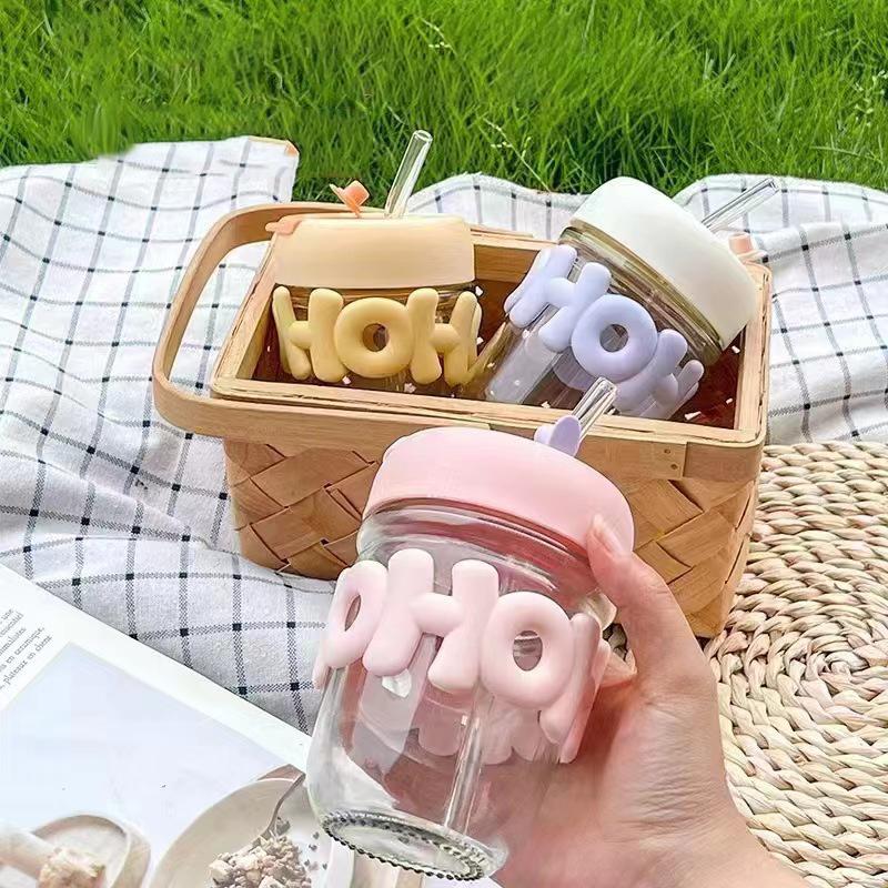 Питьевая чашка Прозрачное стекло Высокая ценность Защита от ожогов Милая чашка с соломинкой Жемчужный браслет Буква Водяная чашка