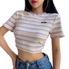 Весна и лето Осторожно Машина Горячая Девушка Нерегулярная Спинка Полосатый Короткий Рукав Футболка Короткий Пупок Топ Женщины
