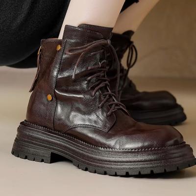 Британский стиль шнуровка платформа ботинки Мартин женские осень 2025 новые круглый носок короткие ботинки черные ботинки ботинки-локомотивы женские