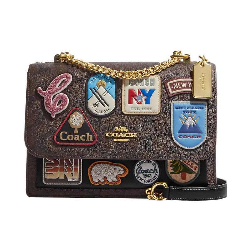 COACH Klare 22 presbyopia print cartoon patch snap closure canvas with leather shoulder crossbody bag small size women's khaki and black