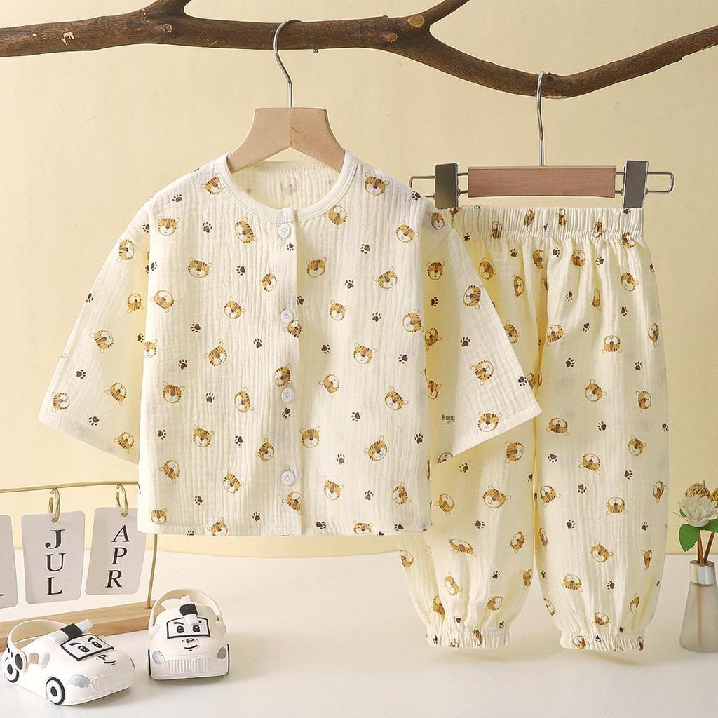 Children's Cotton Gauze Pajamas Set - Summer Long-Sleeve with Lantern Pants