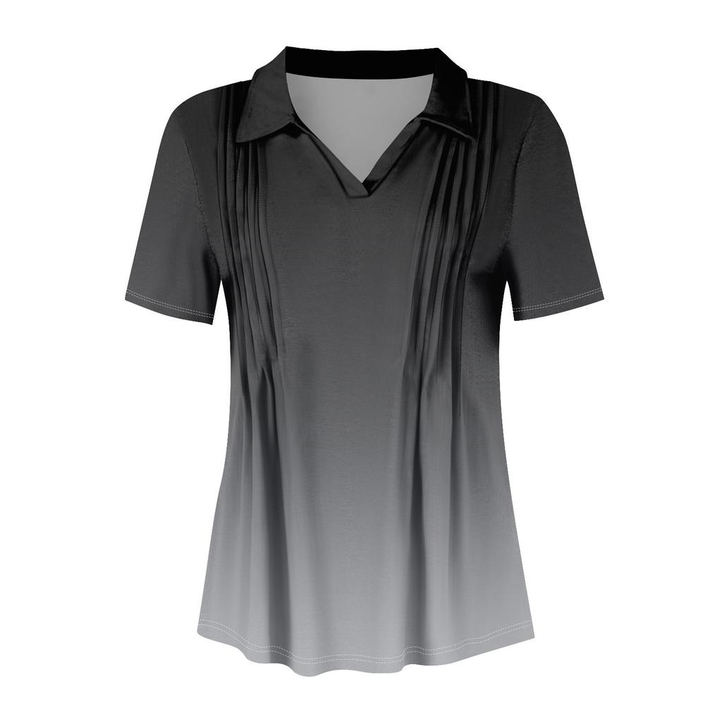 Женские футболки с коротким рукавом, плиссированные, с V-образным вырезом, с принтом, с воротником, летние топы, модные, деловые, повседневные, рабочие