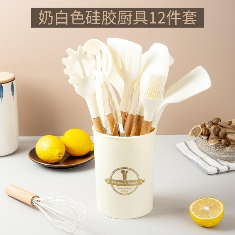 Khaki Kitchen Tools 12 Piece Silicone Spatula with Storage Bucket Wooden Handle Silicone Kitchen Set Cooking Kitchen Accessories
