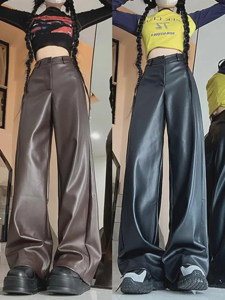 Women's High Waist Wide-Leg PU Leather Pants - Plus Size, Slim & Loose Fit for Fall