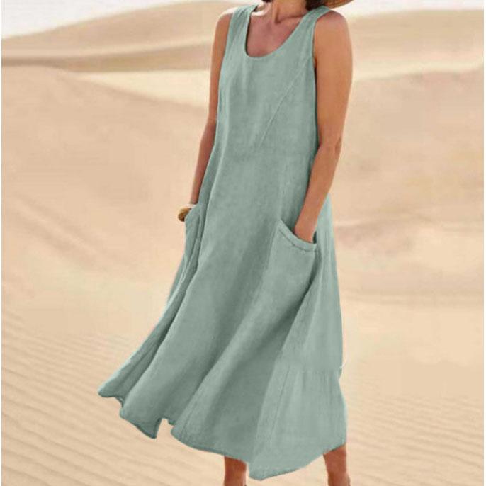 Женский сарафан из хлопка и льна, летний, женский, без рукавов, с двойными большими карманами, свободный, пляжная одежда, длинное платье, оверсайз S-5XL LRFZ-818