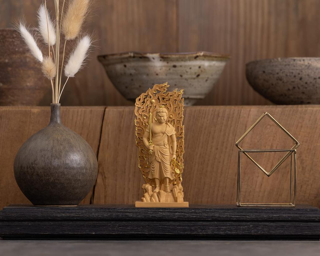 Маленький Будда Fudo Myoo из золотой глины и дерева, украшение Fudo Myoo 11,5 см (Деревянный самшит, отделка)_Статуя Будды, фигурка, резьба, (ГСБ