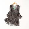 Foreign Trade Order French Style Retro Print Small Girl V-neck Hollow Out Bright Silk Drape Viscose Long Sleeve Dress