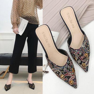 Shoelife Модные весенне-летние сексуальные босоножки на тонком каблуке, среднем каблуке, остром носке, большие размеры и полудраги, расшитые блестками