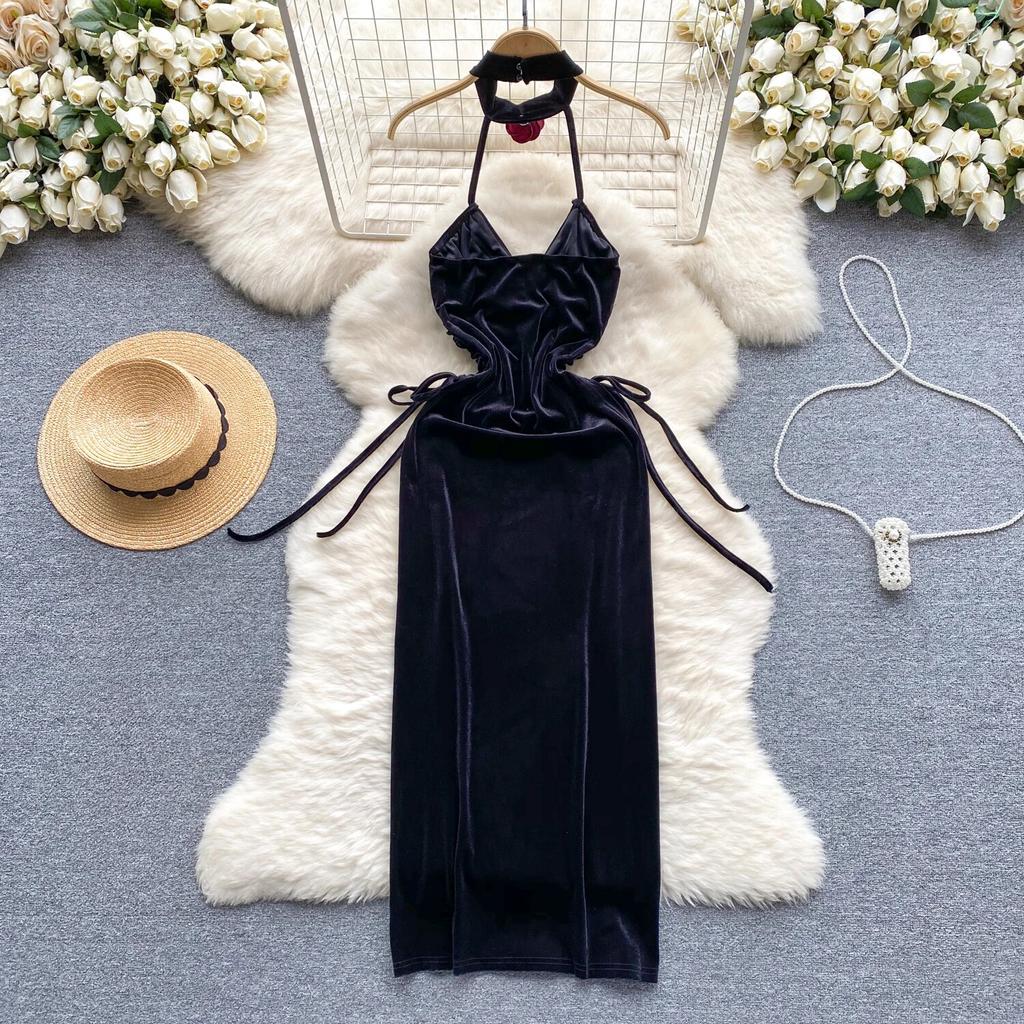 2024 Холтер Сексуальное бархатное цельное платье Женское V-образным вырезом с открытой спиной на шнуровке Slim Fit Платья Женская мода Сплит Длинное элегантное вечернее платье