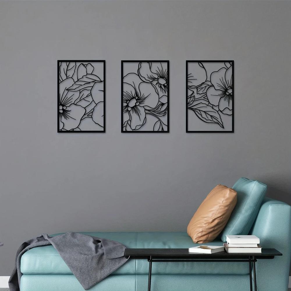 3-Piece Pear Flower Metal Wall Art Set - Black Square Modern Sculptures | Stylish Home Decor for Office, Kitchen, and Bathroom