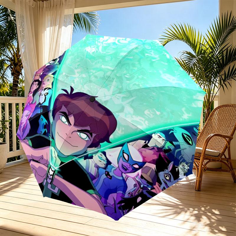 Ben 10 Cartoon Print Automatic Open Close Umbrella, Portable Foldable Umbrella, for Outdoor Commute Camping Trip, Ideal Birthday Gift