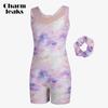 CHARMLEAKS Гимнастические купальники для девочек с matching scrunchie, без рукавов, с сетчатым вырезом, короткий комбинезон, блестящий принт «Галактика Бабочка», спортивный бикини-комбинезон