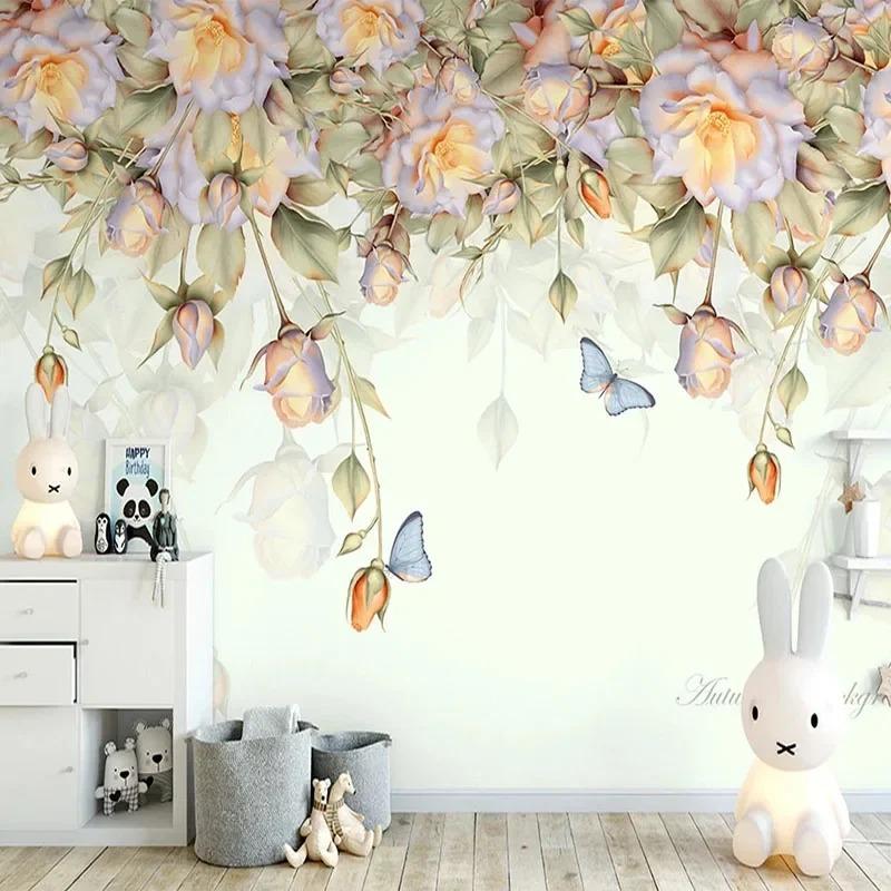 Обои Европейская ручная роспись маслом Роза Бабочка Фреска Гостиная Телевизор Диван Спальня Фреска