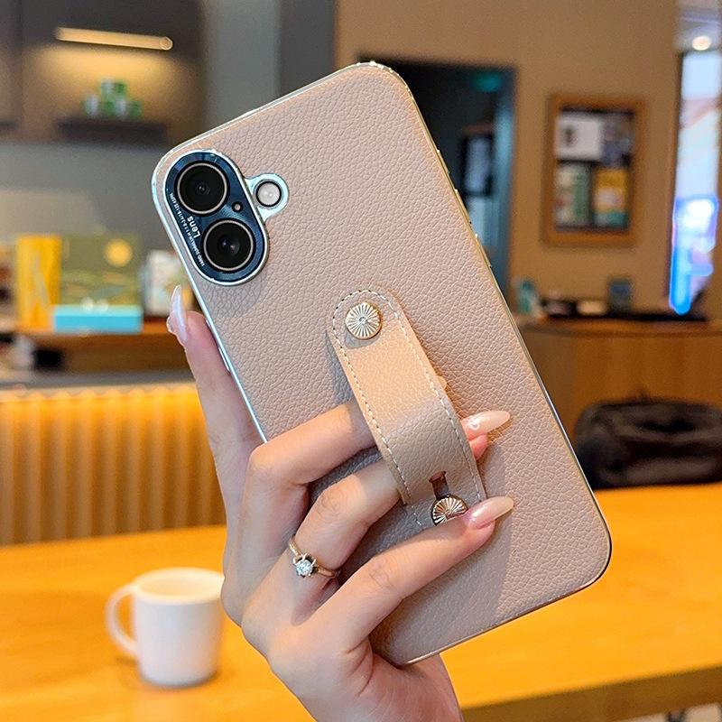 Подходит для Apple 16 браслет чехол для мобильного телефона iPhone15 простой кожаный личи узор 16Promax гальванизированный серебристый 15plus чехол