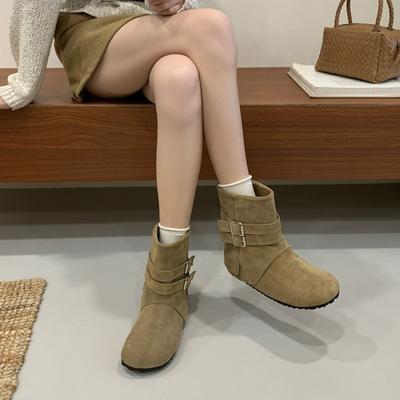 2025 осень и зима новые ретро короткие ботинки на скрытой платформе женские с круглым носом на мягкой подошве ботинки со сборками короткие ковбойские ботинки в западном стиле