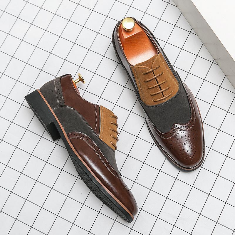 Spring and Autumn New Business Dress Shoes Men's Retro Splicing Trend Brock Carved Pointed Casual Leather Shoes
