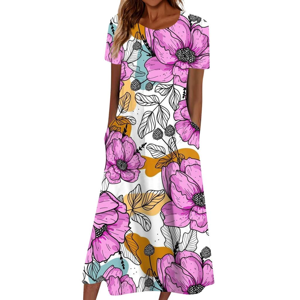 Summer Dress For Women Casual Printed V-Neck Short-Sleeve Beach Swing Dress