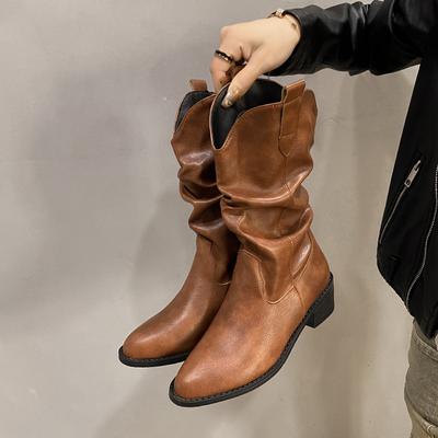 Черные Ретро Женские Длинные Сапоги Двойной Носки Высокий Голенище Рыцарский Стиль Толстая Подошва Весна Осень Не До Колена Высокий Каблук Обувь