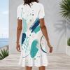 Women Plus Size Blue White Printed Round Neck Short Sleeve A Line Midi Dress
