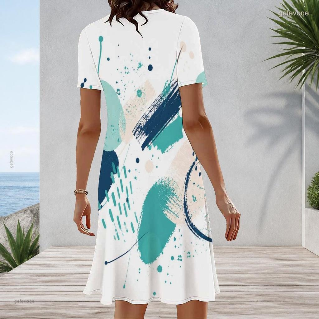 Women Plus Size Blue White Printed Round Neck Short Sleeve A Line Midi Dress